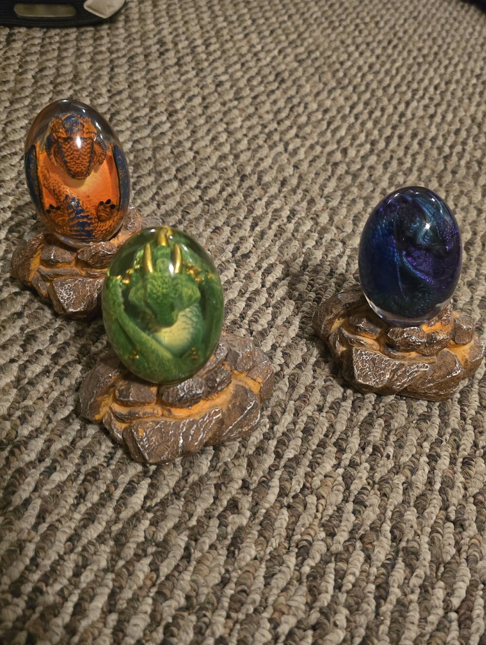 Dragon Egg Resin Figurine Set - Green, Orange, Blue 3 Eggs In Sale